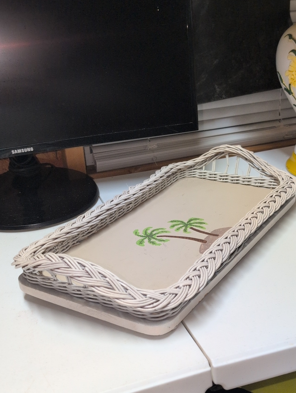 Vintage Coastal Palm-Print Beige Wicker Cocktail ServingTray